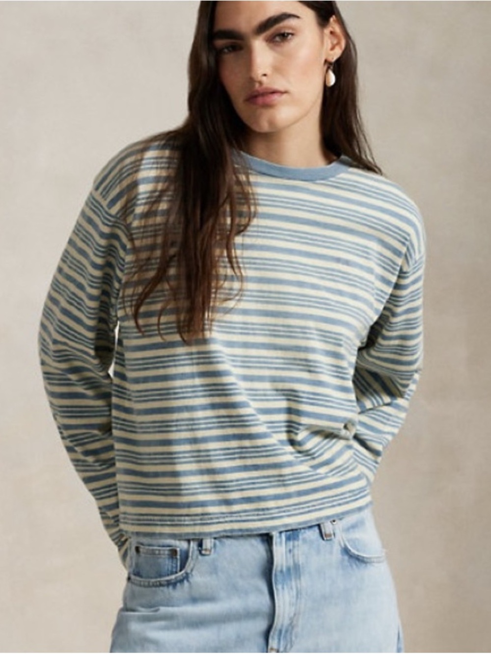ISO Polo by Ralph Lauren Blue and Cream Striped Long-Sleeve Top